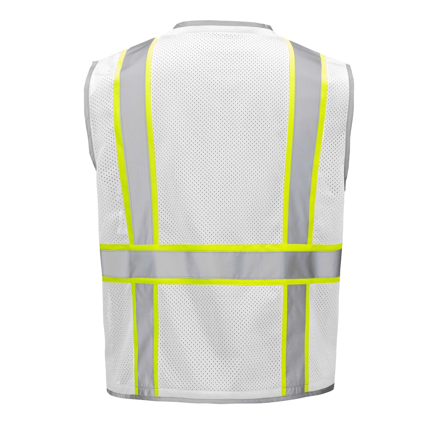 White hi-vis mesh safety vest with reflective silver and yellow stripes from GlowSafetyVest