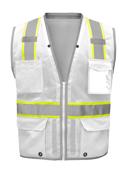 White hi-vis mesh safety vest with reflective silver and yellow stripes from GlowSafetyVest
