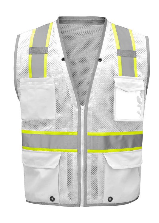 White hi-vis mesh safety vest with reflective silver and yellow stripes from GlowSafetyVest