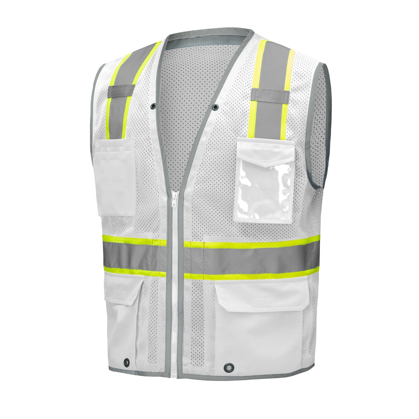 White hi-vis mesh safety vest with reflective silver and yellow stripes from GlowSafetyVest