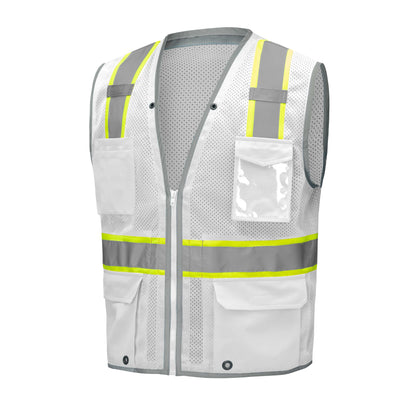 White hi-vis mesh safety vest with reflective silver and yellow stripes from GlowSafetyVest