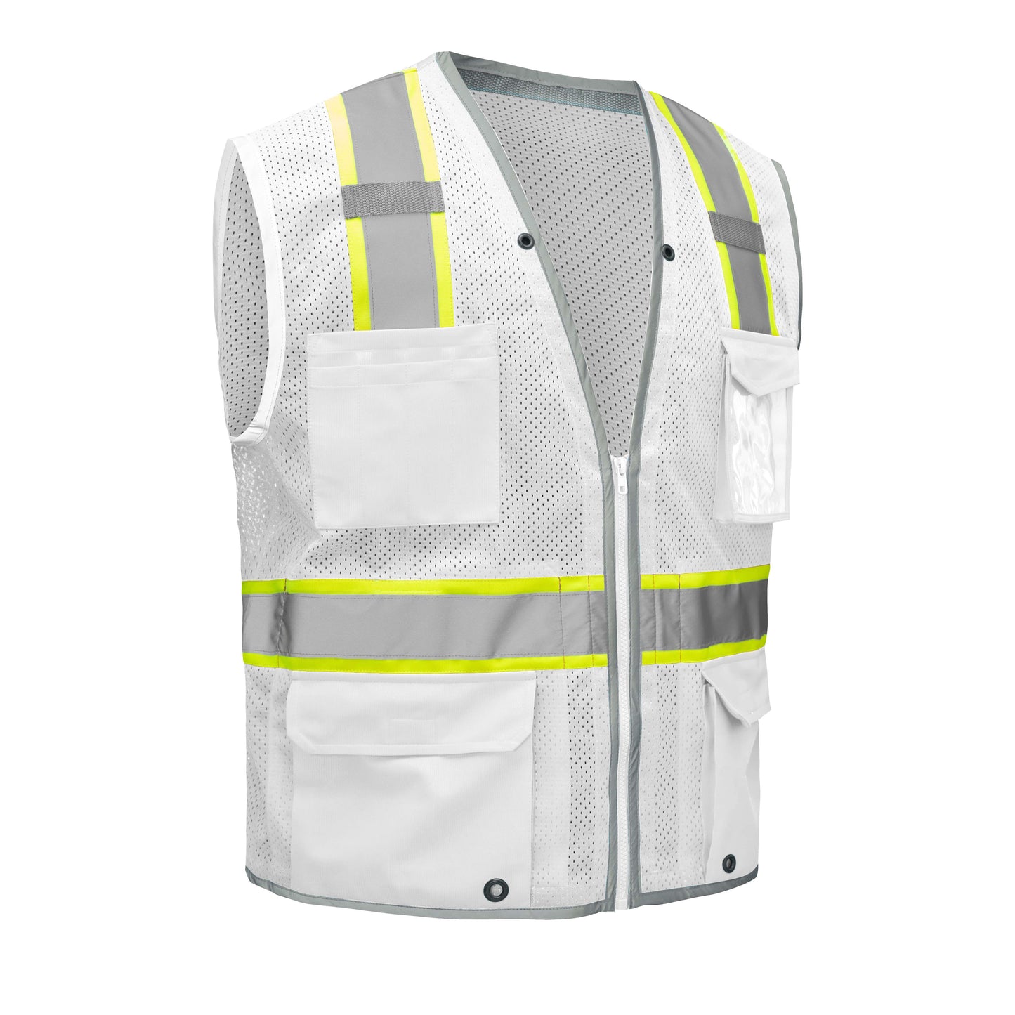 White hi-vis mesh safety vest with reflective silver and yellow stripes from GlowSafetyVest