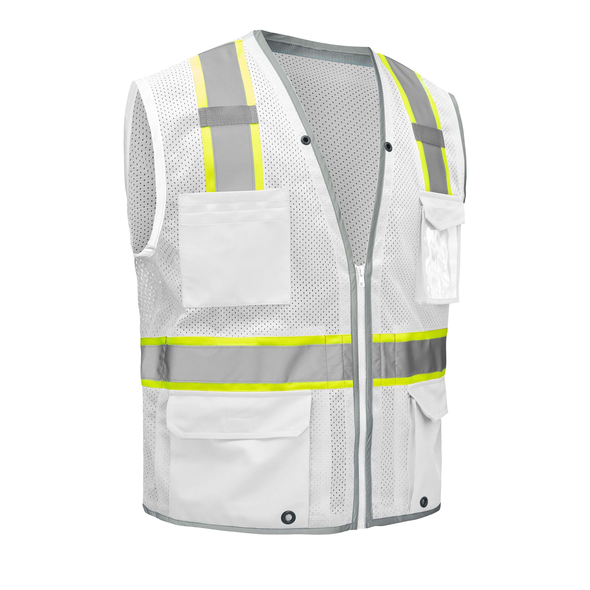 White hi-vis mesh safety vest with reflective silver and yellow stripes from GlowSafetyVest