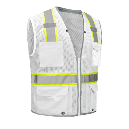 White hi-vis mesh safety vest with reflective silver and yellow stripes from GlowSafetyVest