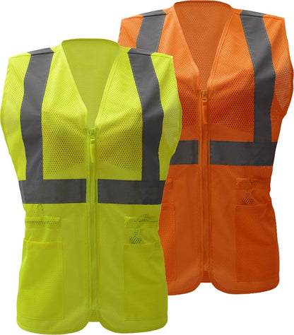 Two safety vests, one yellow and one orange, with reflective stripes from GlowSafetyVest