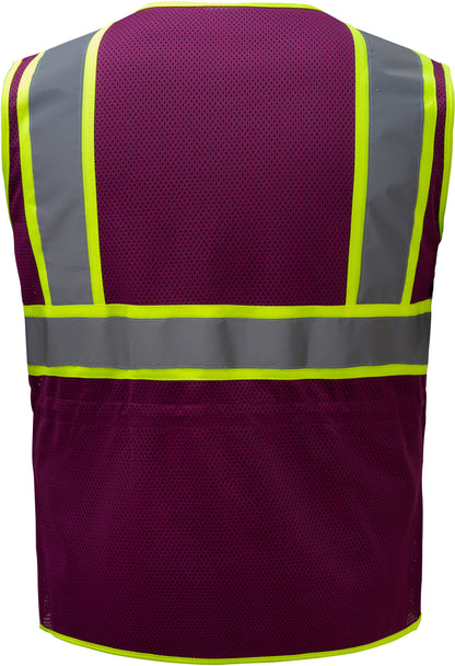 Womens purple plum mesh safety vest with reflective tape and yellow trim from GlowSafetyVest
