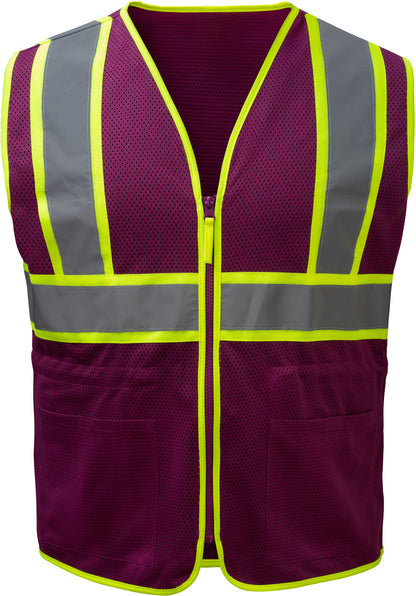 Womens purple plum mesh safety vest with reflective tape and yellow trim from GlowSafetyVest