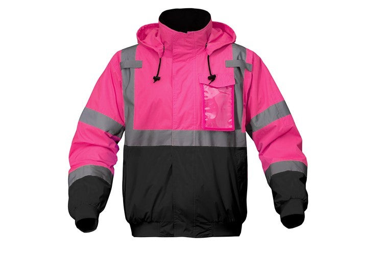 Pink and black safety jacket with reflective tape from GlowSafetyVest