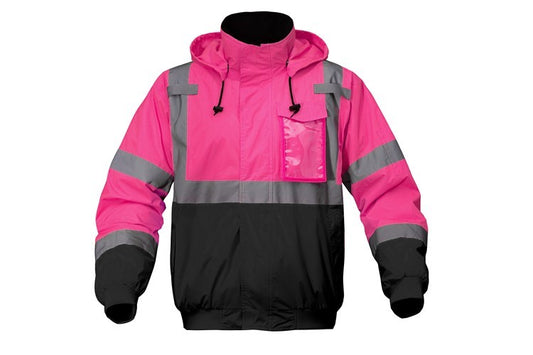 Pink and black safety jacket with reflective tape from GlowSafetyVest