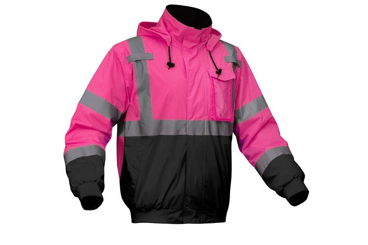 Pink and black safety jacket with reflective tape from GlowSafetyVest