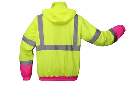 Two-tone yellow and pink safety hoodie jacket with reflective stripes from GlowSafetyVest