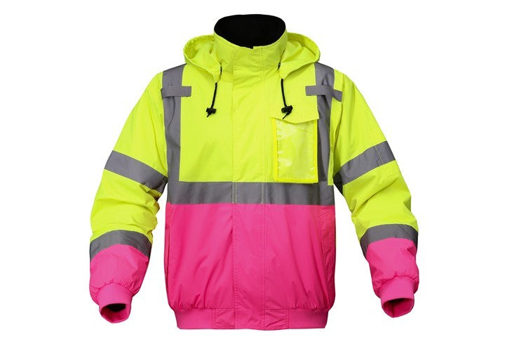 Two-tone yellow and pink safety hoodie jacket with reflective stripes from GlowSafetyVest