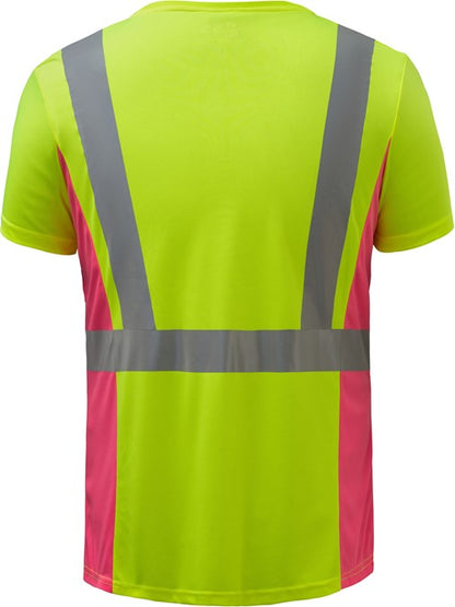 Lime yellow with pink womens safety shirt with reflective stripes from GlowSafetyVest