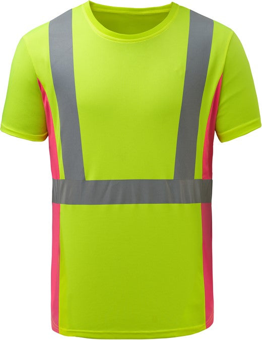 Lime yellow with pink womens safety shirt with reflective stripes from GlowSafetyVest