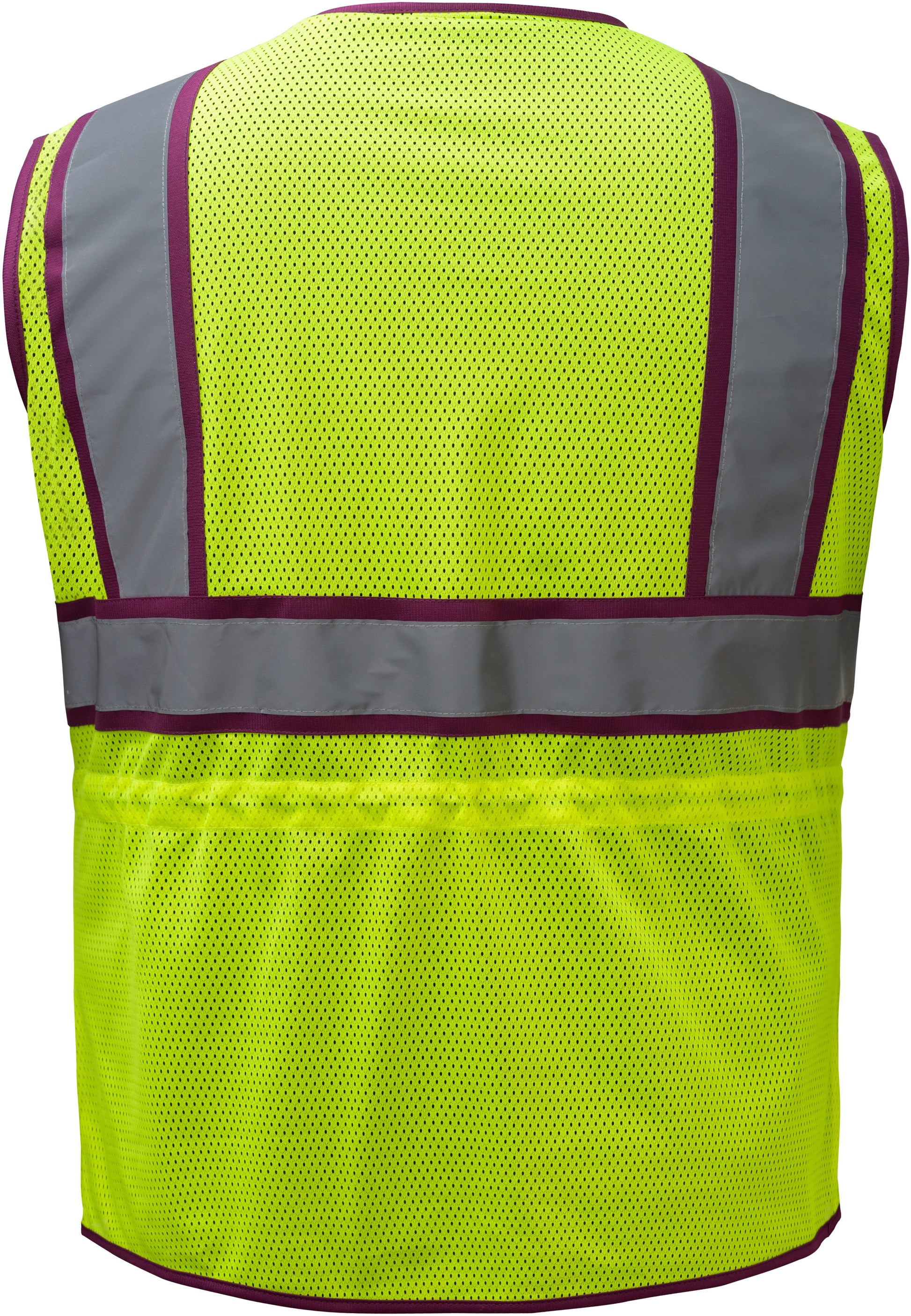 Yellow mesh safety vest with reflective stripes and plum trim from GlowSafetyVest