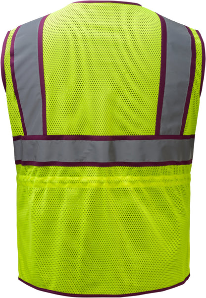 Yellow mesh safety vest with reflective stripes and plum trim from GlowSafetyVest