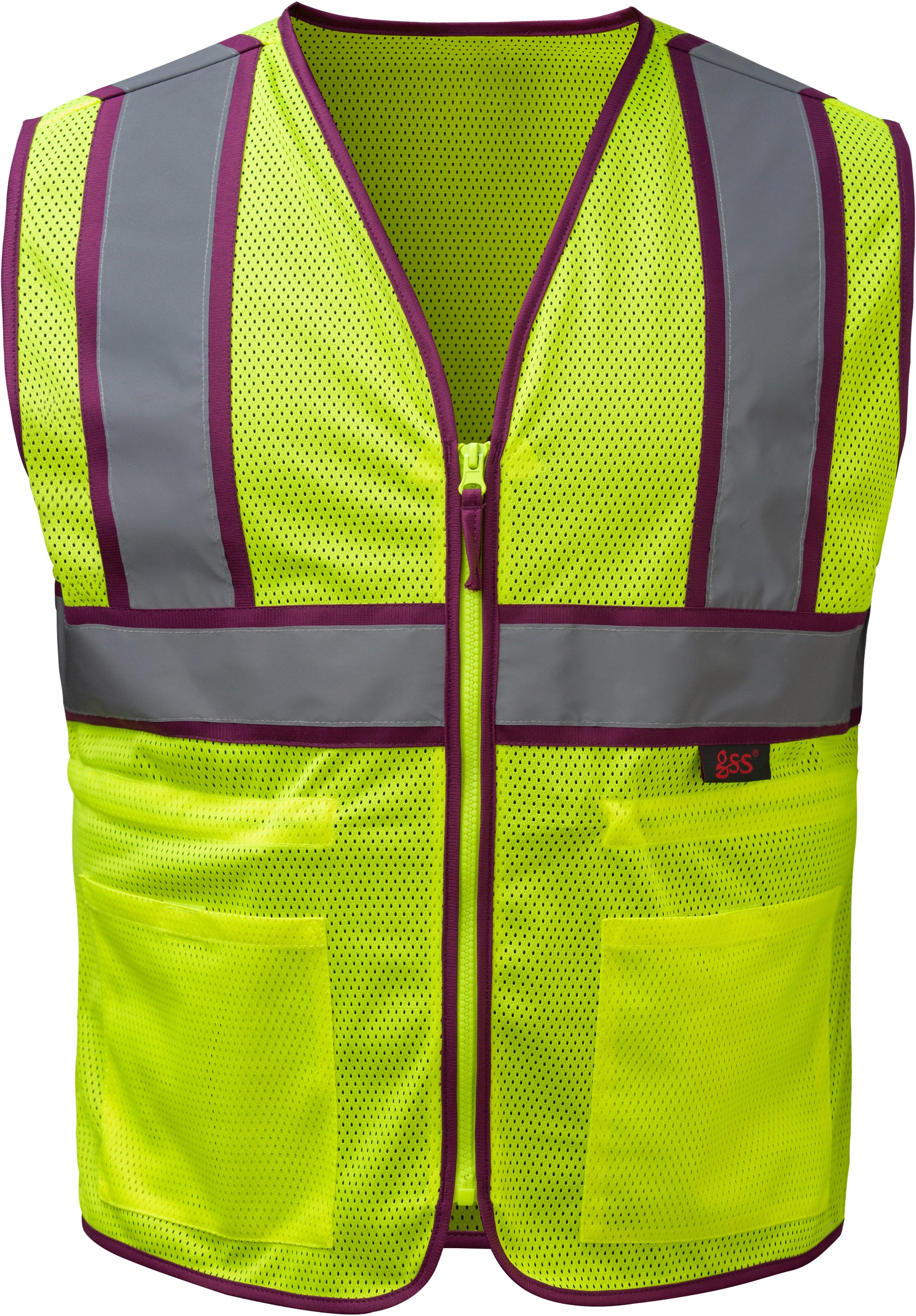 Yellow mesh safety vest with reflective stripes and plum trim from GlowSafetyVest