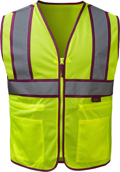 Yellow mesh safety vest with reflective stripes and plum trim from GlowSafetyVest