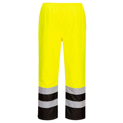 Yellow and black high-visibility safety pants with reflective stripes from GlowSafetyVest