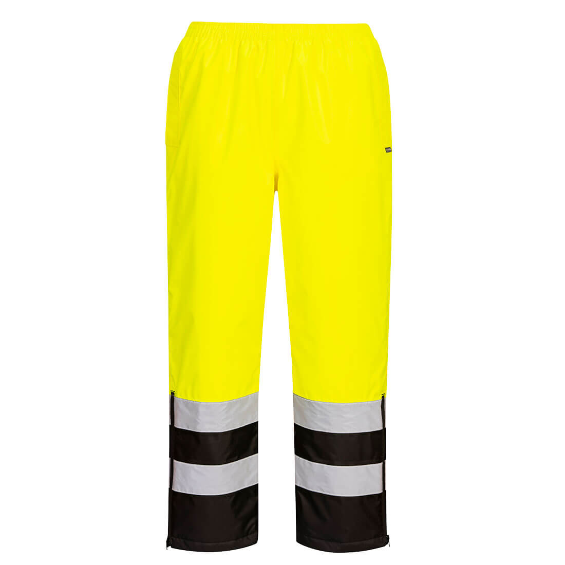 Yellow and black high-visibility safety pants with reflective stripes from GlowSafetyVest