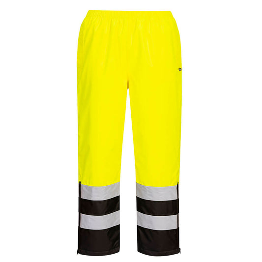 Yellow and black high-visibility safety pants with reflective stripes from GlowSafetyVest