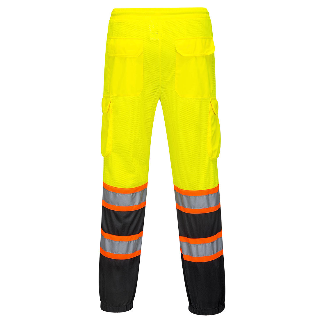 High-visibility yellow and black mesh safety pants with reflective stripes from GlowSafetyVest