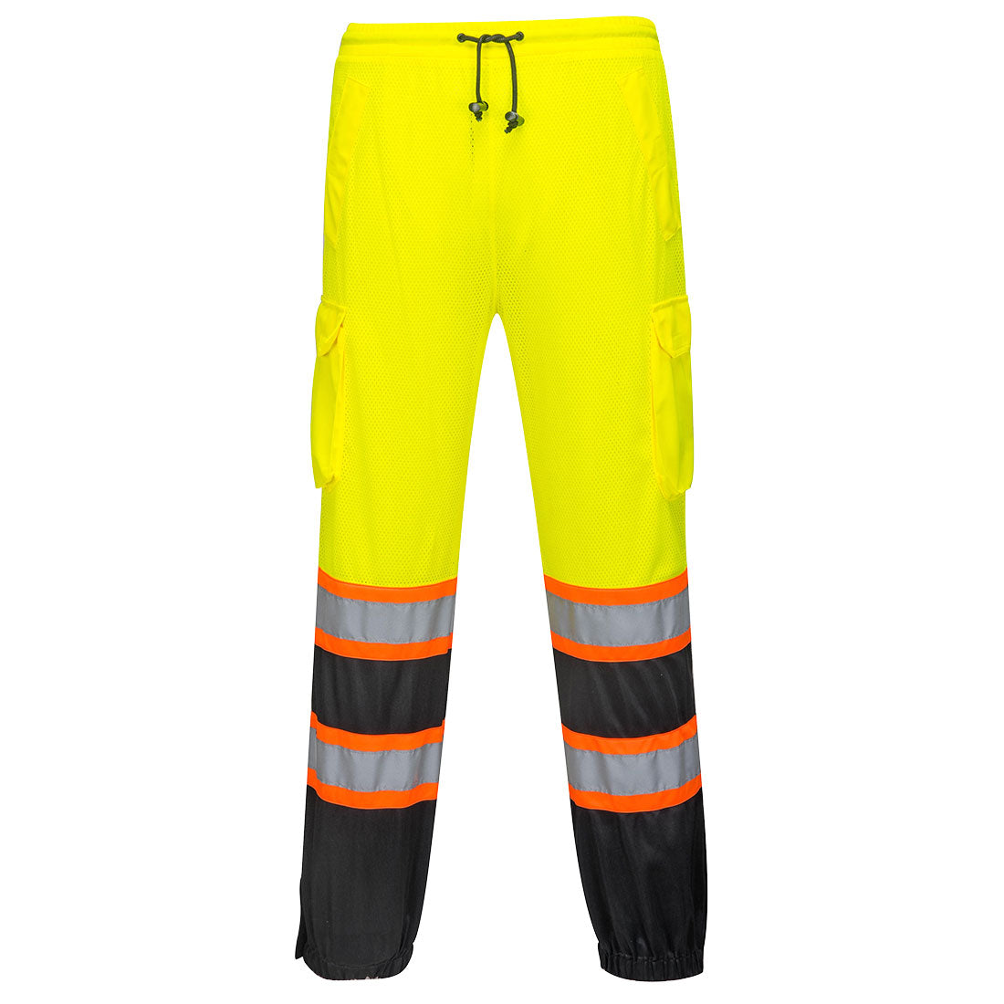 High-visibility yellow and black mesh safety pants with reflective stripes from GlowSafetyVest