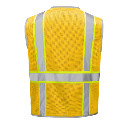 Bright yellow mesh safety vest with silver reflective stripes from GlowSafetyVest