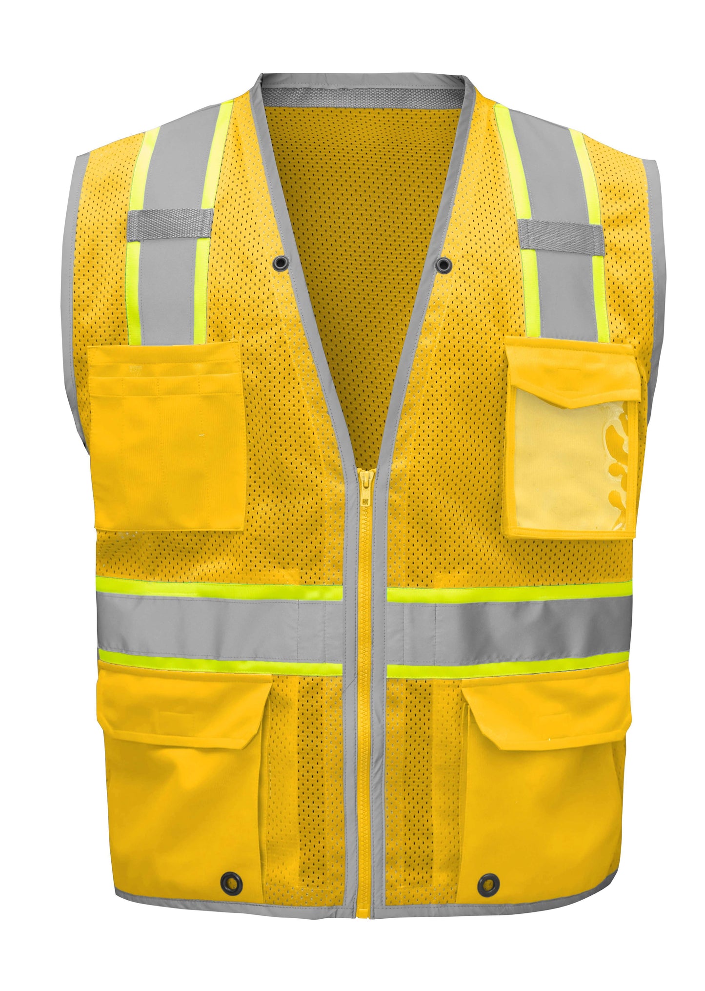 Bright yellow mesh safety vest with silver reflective stripes from GlowSafetyVest