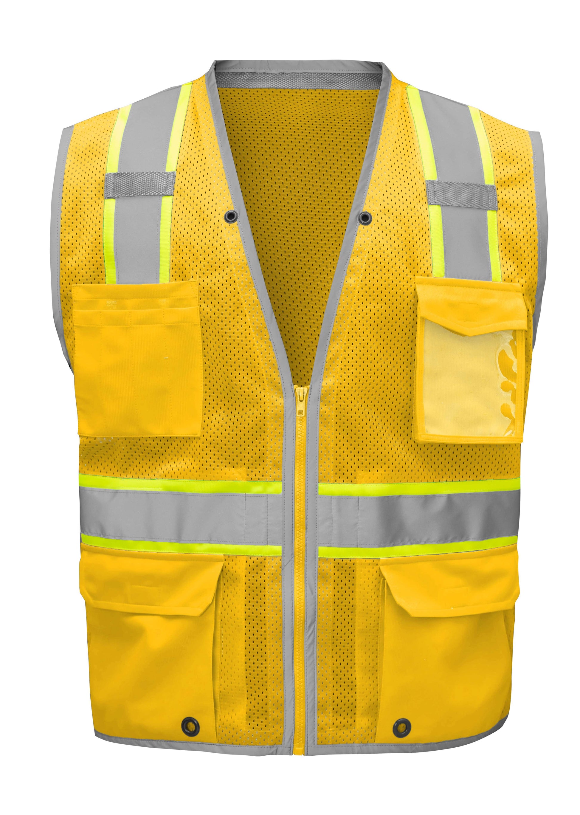 Bright yellow mesh safety vest with silver reflective stripes from GlowSafetyVest