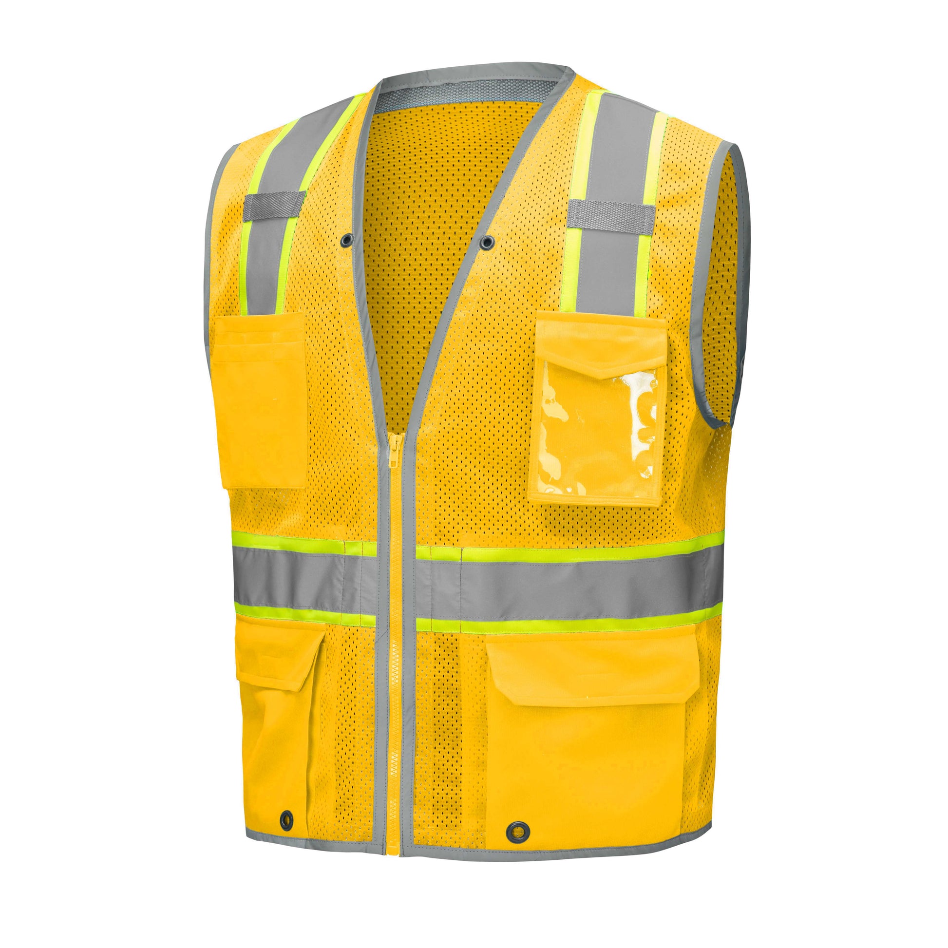 Bright yellow mesh safety vest with silver reflective stripes from GlowSafetyVest