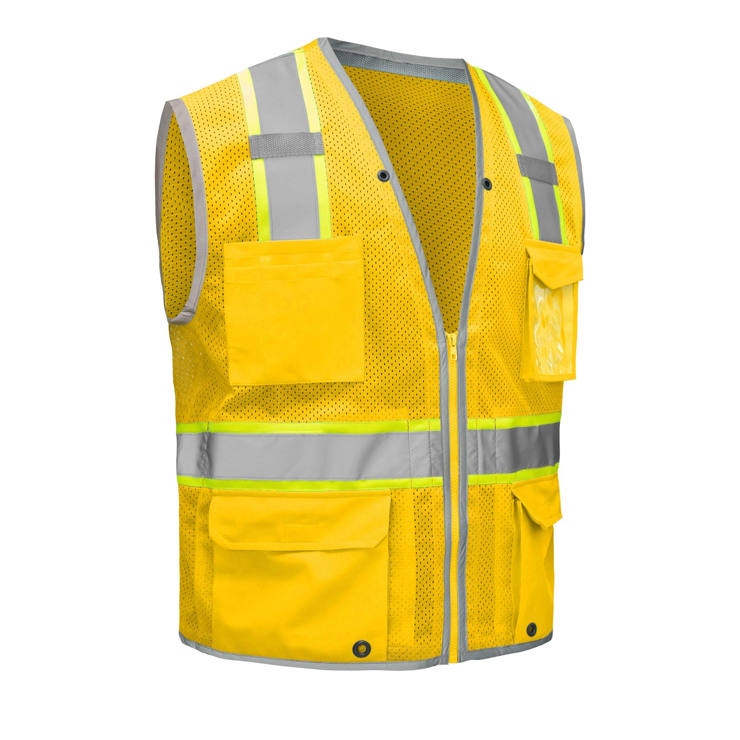 Bright yellow mesh safety vest with silver reflective stripes from GlowSafetyVest