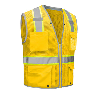 Bright yellow mesh safety vest with silver reflective stripes from GlowSafetyVest