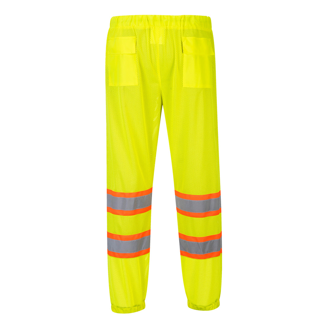 High-visibility yellow mesh safety pants with reflective stripes from GlowSafetyVest