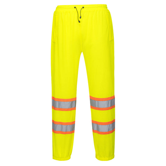 High-visibility yellow mesh safety pants with reflective stripes from GlowSafetyVest