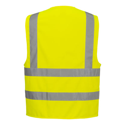 Yellow low cost safety vest with hook and loop closure and reflective tape from GlowSafetyVest
