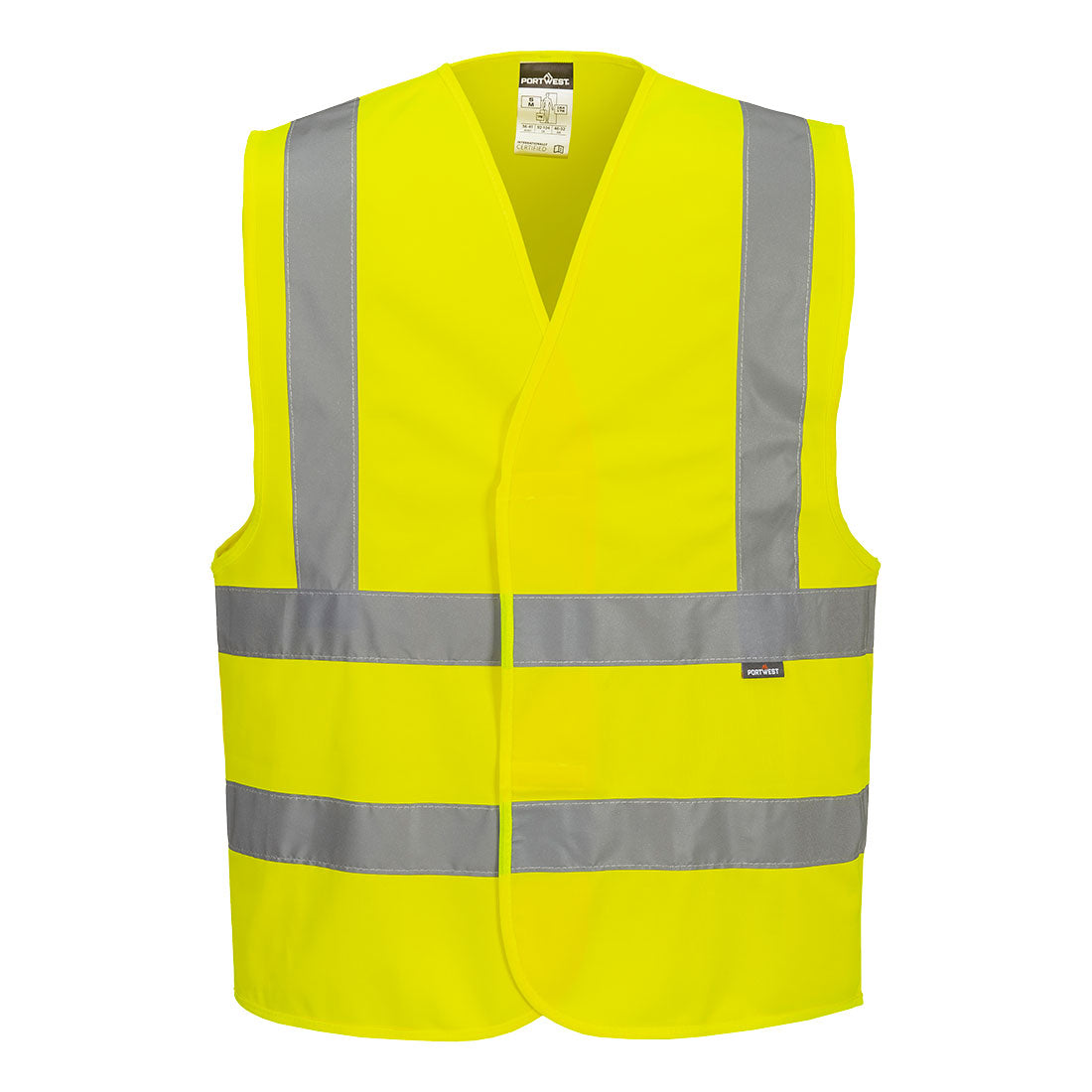 Yellow low cost safety vest with hook and loop closure and reflective tape from GlowSafetyVest