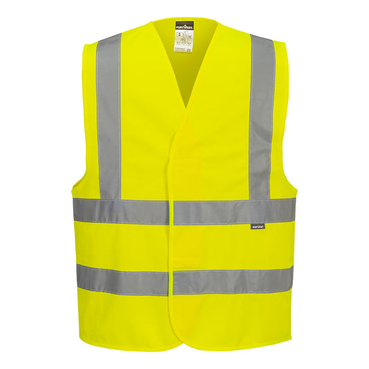 Yellow low cost safety vest with hook and loop closure and reflective tape from GlowSafetyVest